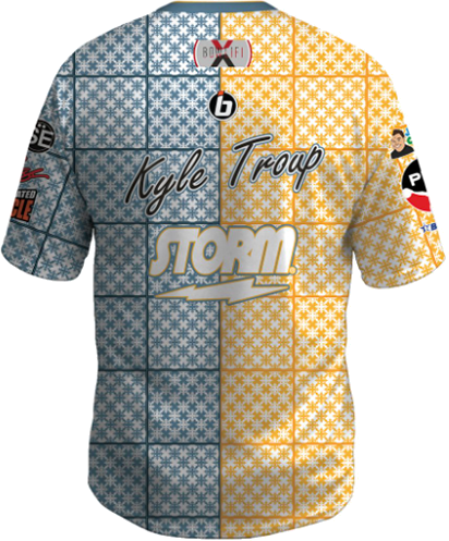 kyle troup bowling pba professional bowling shirt storm bowling jersey bowlifi blue yellow plaid back