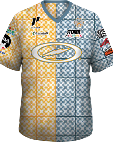 kyle troup bowling pba professional bowling shirt storm bowling jersey bowlifi blue yellow plaid front