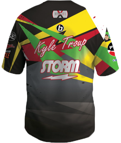 kyle troup bowling pba professional bowling shirt storm bowling jersey bowlifi barrier artist grey gray green red black yellow back