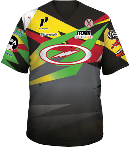 kyle troup bowling pba professional bowling shirt storm bowling jersey bowlifi barrier artist grey gray green red black yellow front