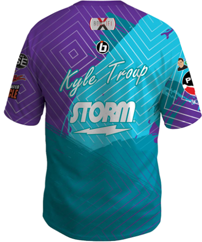 kyle troup bowling pba professional bowling shirt storm bowling jersey bowlifi barrier blue purple back