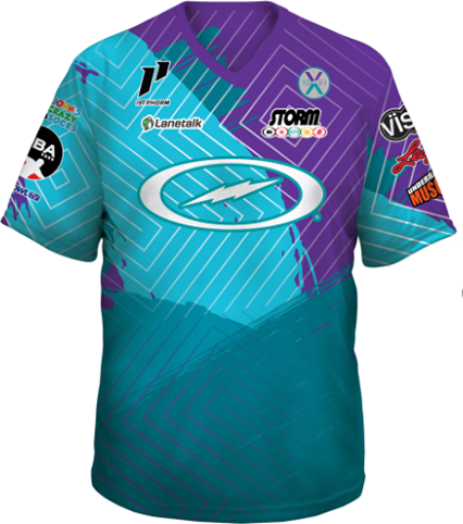 kyle troup bowling pba professional bowling shirt storm bowling jersey bowlifi barrier blue purple front