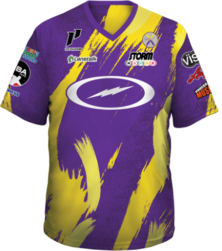 kyle troup bowling pba professional bowling shirt storm bowling jersey bowlifi corrupted purple yellow front 