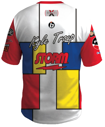 
kyle troup bowling pba professional bowling shirt storm bowling jersey bowlifi cubism red blue yellow white  back