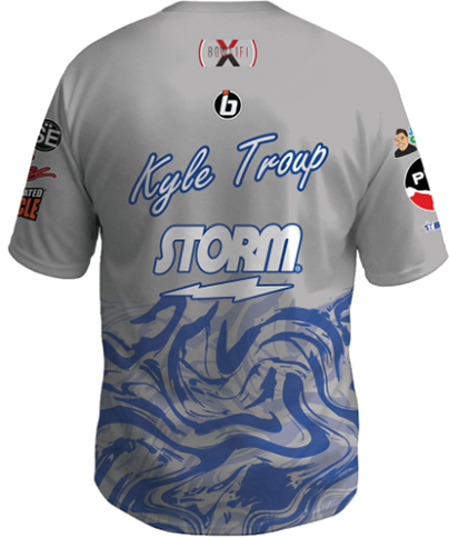 kyle troup bowling pba professional bowling shirt storm bowling jersey bowlifi blue gray grey marble back