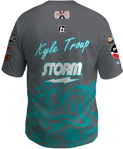 kyle troup bowling pba professional bowling shirt storm bowling jersey bowlifi marble back grey gray teal