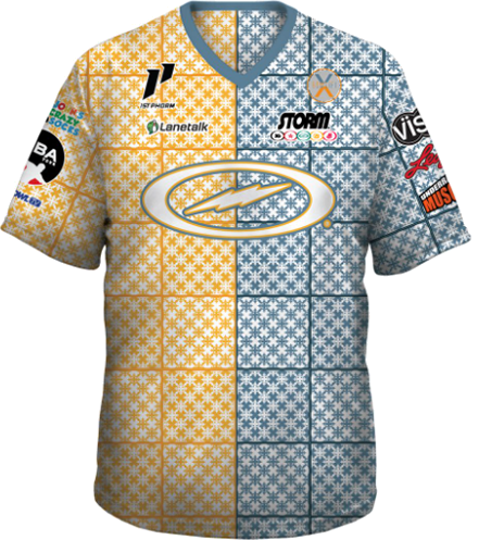 
kyle troup bowling pba professional bowling shirt storm bowling jersey bowlifi blue yellow plaid front
